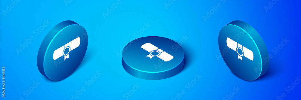 Isometric Decree, paper, parchment, scroll icon icon isolated on blue background. Blue circle button. Vector. Isometric Decree, paper, parchment, scroll icon icon isolated on blue background. Blue circle button. Vector.