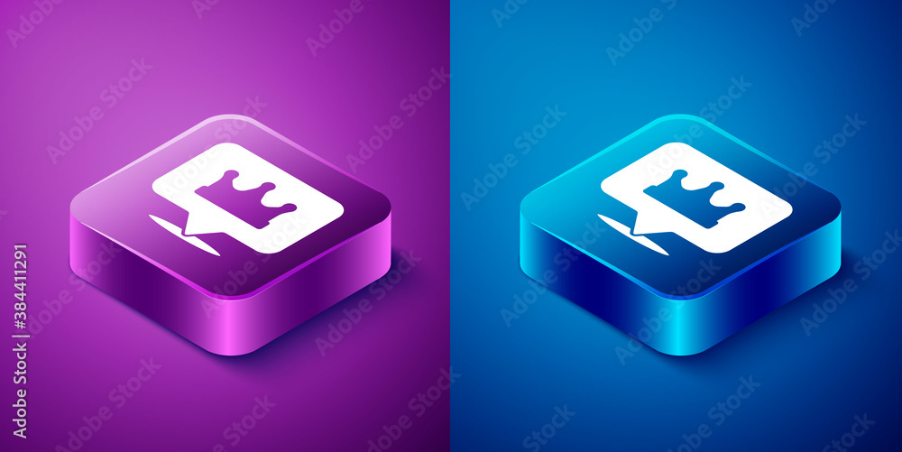 Isometric Location king crown icon isolated on blue and purple background. Square button. Vector. Isometric Location king crown icon isolated on blue and purple background. Square button. Vector.