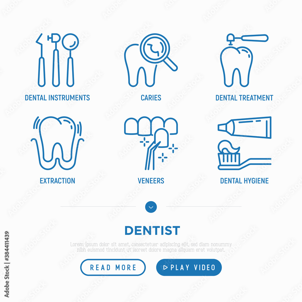 Dentist thin line icons set: dental instruments, caries under magnifier, tooth extraction, veneers, dental hygiene. Vector illustration. Dentist thin line icons set: dental instruments, caries under magnifier, tooth extraction, veneers, dental hygiene. Vector illustration.