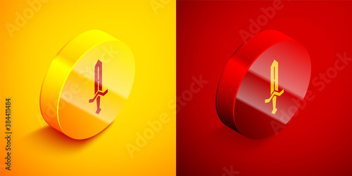 Isometric Medieval sword icon isolated on orange and red background. Medieval weapon. Circle button. Vector.