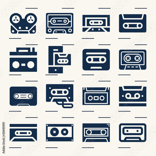 Simple set of cassette related filled icons.