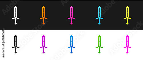 Set Medieval sword icon isolated on black and white background. Medieval weapon. Vector.