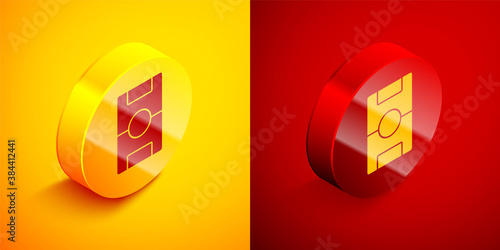 Isometric Football table icon isolated on orange and red background. Hockey table. Circle button. Vector.