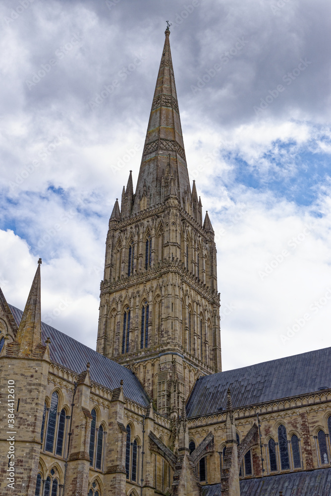 Medieval spire of Salisbury cathedral in the close Salisbury, Wiltshire, England, United Kingdom