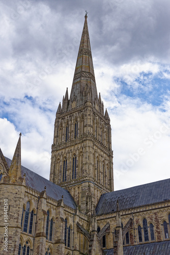 Medieval spire of Salisbury cathedral in the close Salisbury, Wiltshire, England, United Kingdom