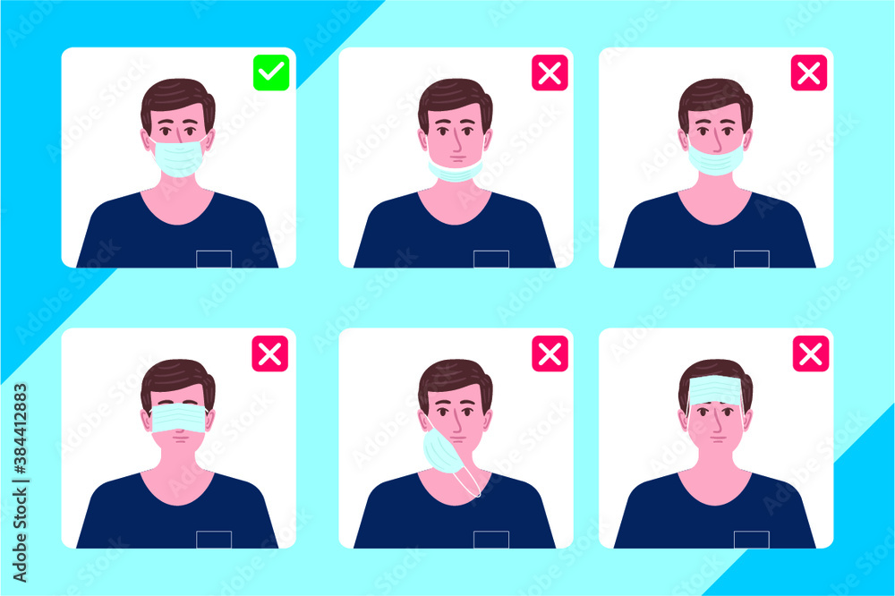 How to wear medical face mask properly. Instruction for personal hygiene during coronavirus. Boy characters wearing right and wrong way of surgical mask or face covering. How to wear medical face mask properly. Instruction for personal hygiene during coronavirus. Boy characters wearing right and wrong way of surgical mask or face covering.