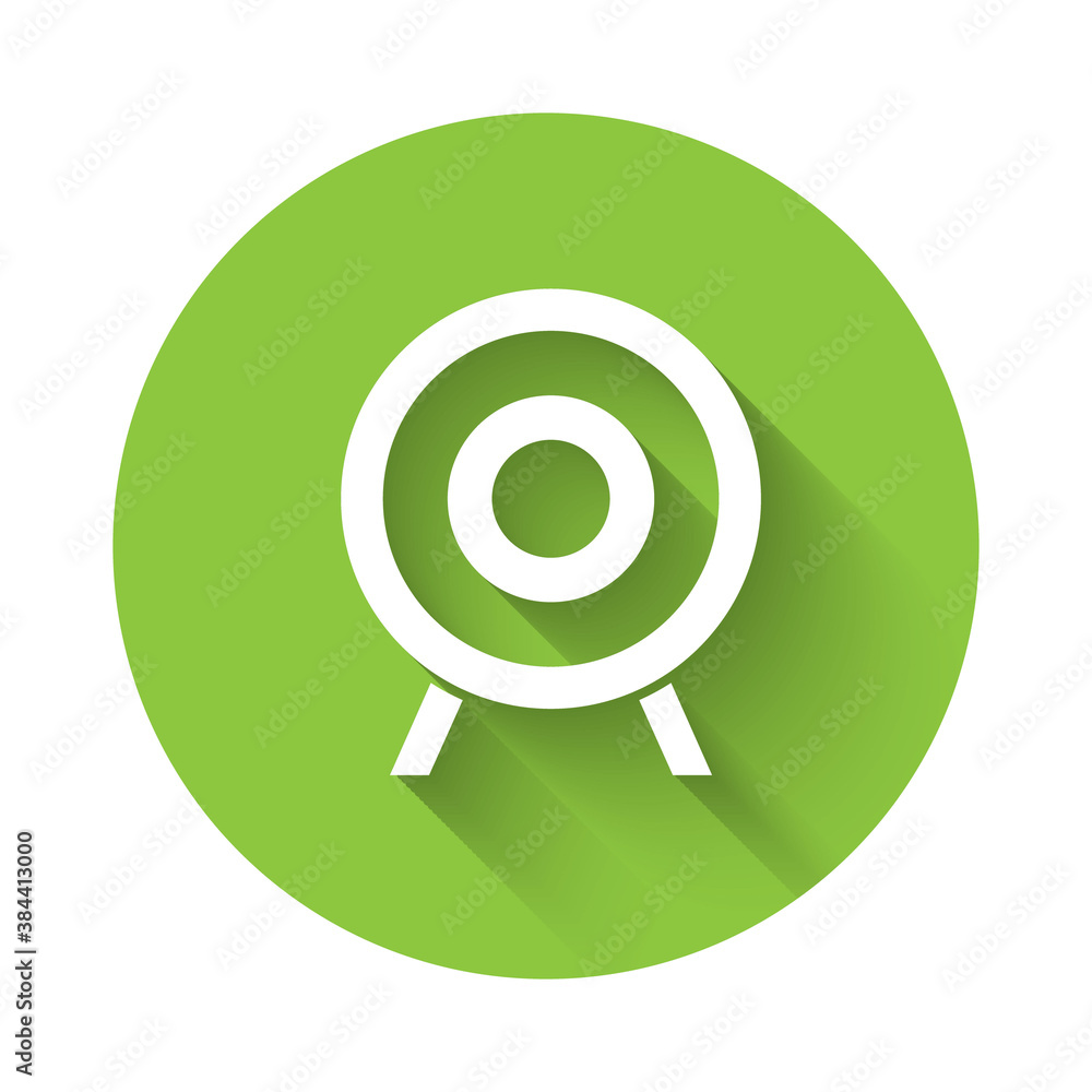 White Target sport icon isolated with long shadow. Clean target with numbers for shooting range or shooting. Green circle button. Vector. White Target sport icon isolated with long shadow. Clean target with numbers for shooting range or shooting. Green circle button. Vector.