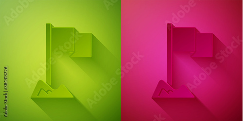 Paper cut Flag icon isolated on green and pink background. Location marker symbol. Paper art style. Vector.