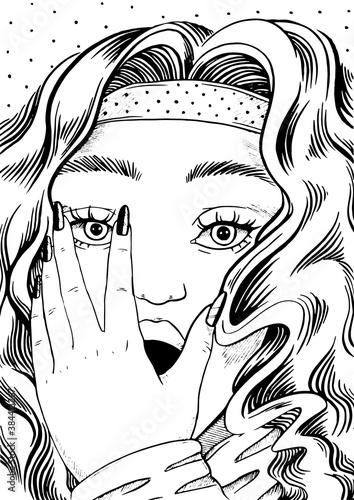 Scared woman face with hand closing open mouth, black and white line art in pop art retro comic style