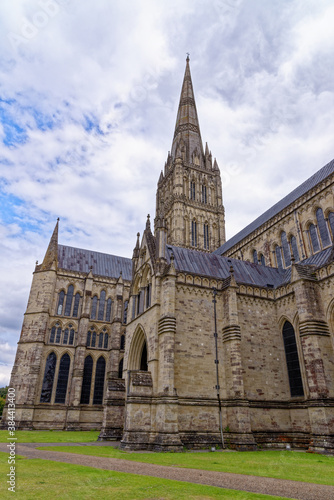 Medieval spire of Salisbury cathedral in the close Salisbury, Wiltshire, England, United Kingdom