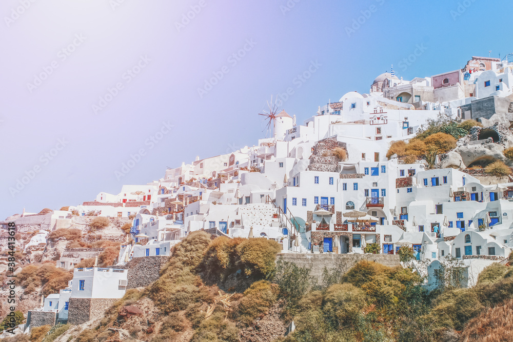 houses in the mountains seen from below oia santorini greece
