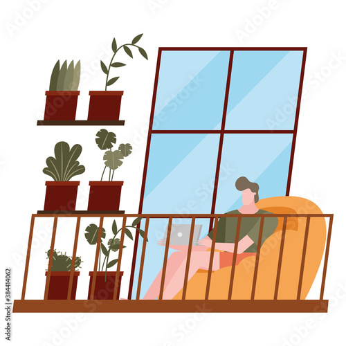 man with laptop on chair at home vector design