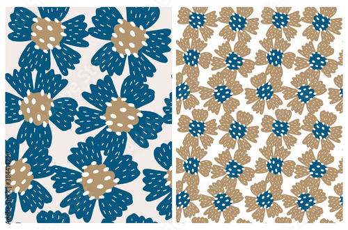 Funny Floral Seamless Vector Pattern. Abstract Freehand Flower Print. Blue and Gold Hand Drawn Flowers Isolated od a Light Beige Background. Cute Abstract Garden Repeatable Design.