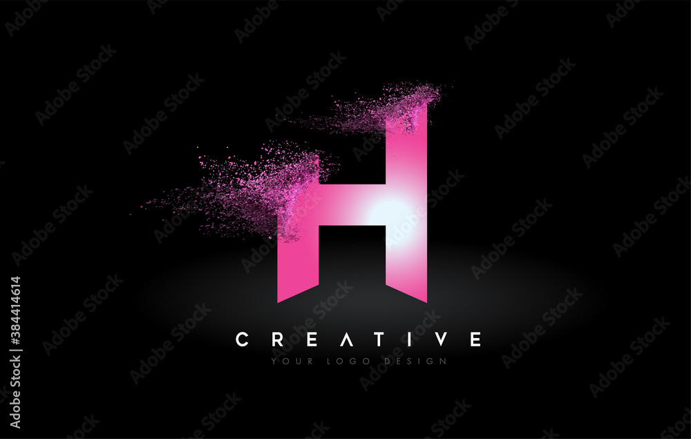 H Letter Logo with Dispersion Effect and Purple Pink Powder Particles Expanding Ash