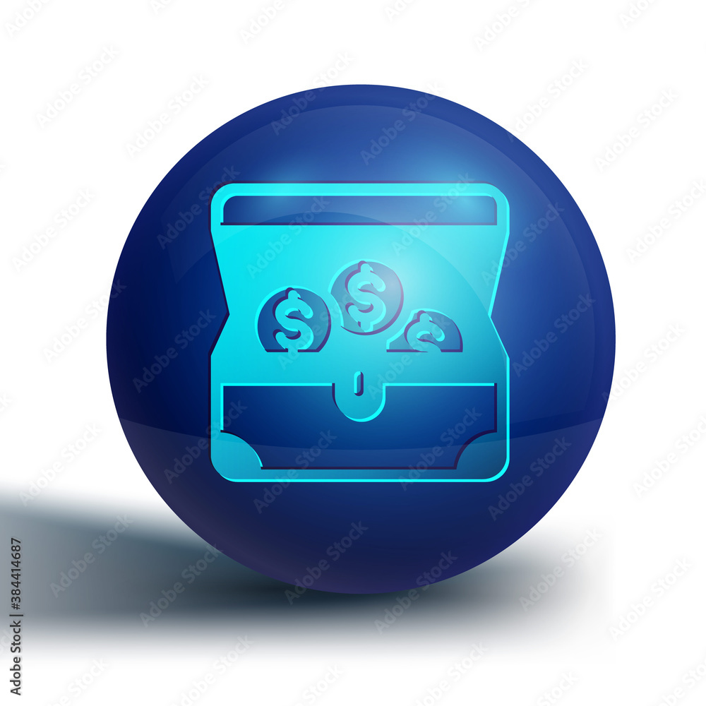 Blue Treasure chest icon isolated on white background. Blue circle button. Vector. Blue Treasure chest icon isolated on white background. Blue circle button. Vector.
