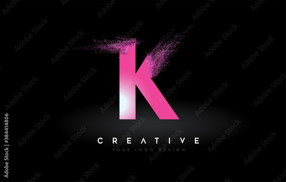 K Letter Logo with Dispersion Effect and Purple Pink Powder Particles ...
