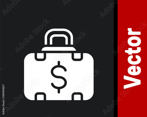 White Briefcase and money icon isolated on black background. Business case sign. Business portfolio. Vector.