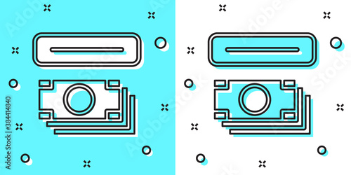 Black line ATM - Automated teller machine and money icon isolated on green and white background. Random dynamic shapes. Vector.