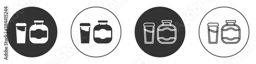 Black Sports nutrition bodybuilding proteine power drink and food icon isolated on white background. Circle button. Vector.