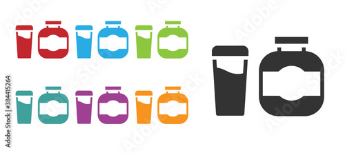 Black Sports nutrition bodybuilding proteine power drink and food icon isolated on white background. Set icons colorful. Vector.