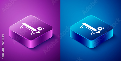 Isometric Bench with barbel icon isolated on blue and purple background. Gym equipment. Bodybuilding, powerlifting, fitness concept. Square button. Vector.