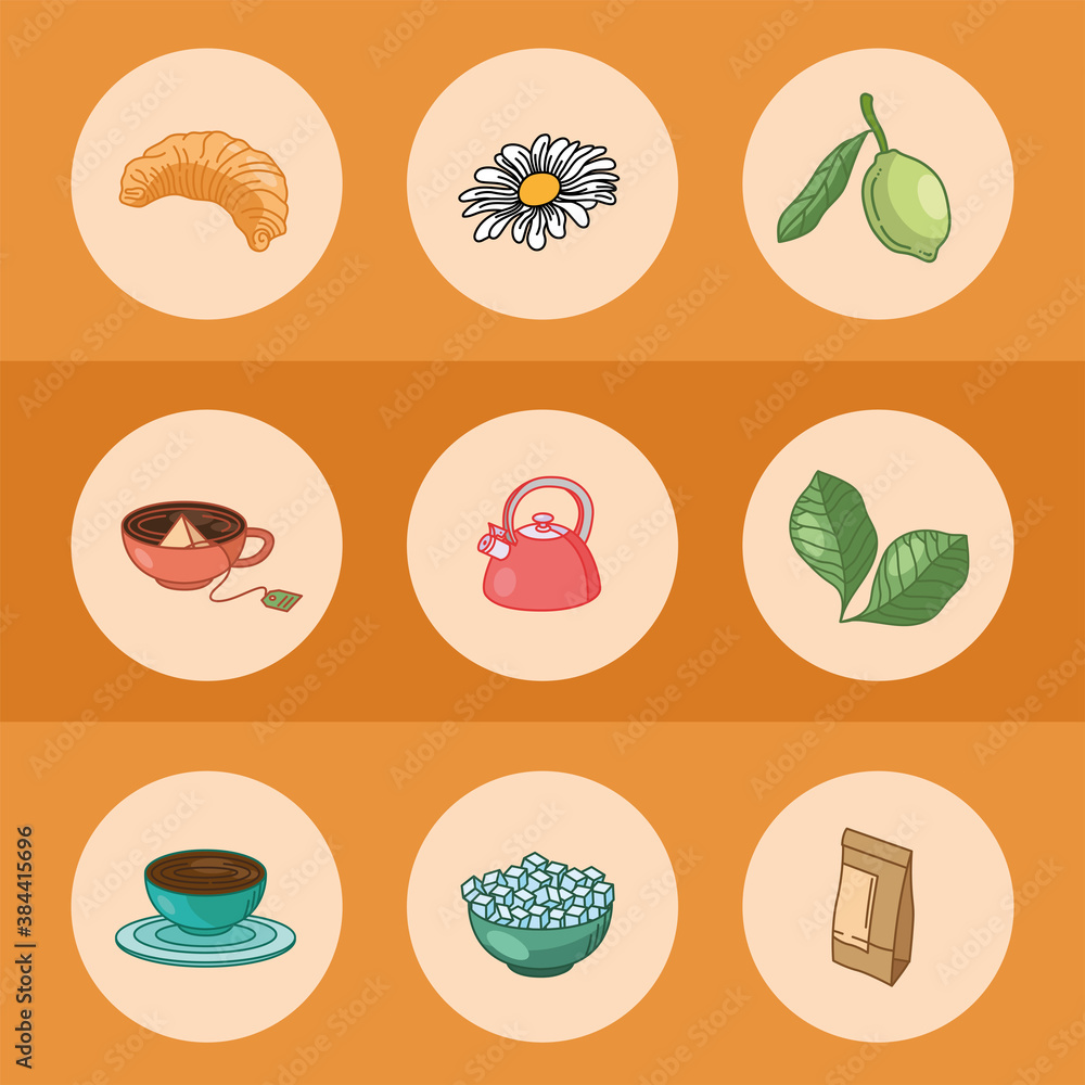 tea line and fill style icon set vector design