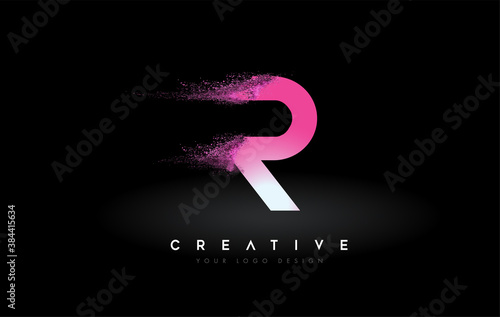 R Letter Logo with Dispersion Effect and Purple Pink Powder Particles Expanding Ash photo