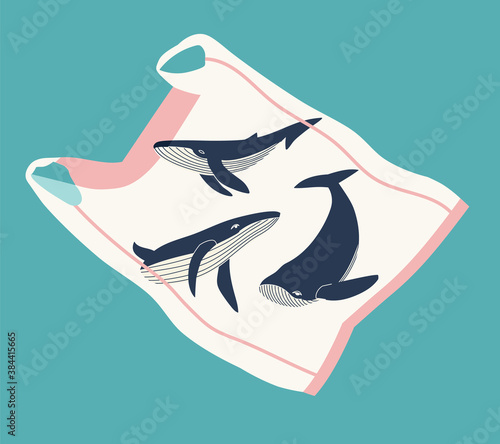 Vector illustration of three whales in a beige plastic bag in the blue sea. Concept of recycling plastic, ecology, zero waste. Hand-drawn colorful ecology illustration. Say no to plastic bags. 
