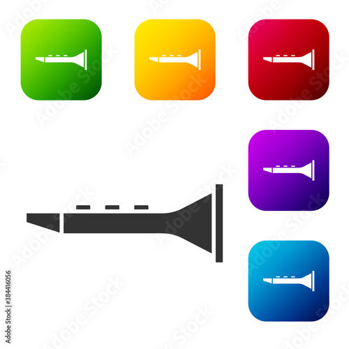 Black Clarinet icon isolated on white background. Musical instrument. Set icons in color square buttons. Vector.