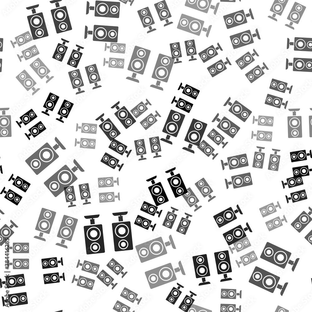 Black Stereo speaker icon isolated seamless pattern on white background. Sound system speakers. Music icon. Musical column speaker bass equipment. Vector. Black Stereo speaker icon isolated seamless pattern on white background. Sound system speakers. Music icon. Musical column speaker bass equipment. Vector.