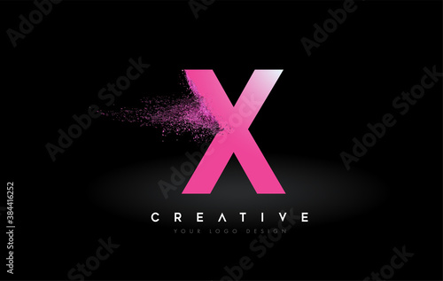 X Letter Logo with Dispersion Effect and Purple Pink Powder Particles Expanding Ash
