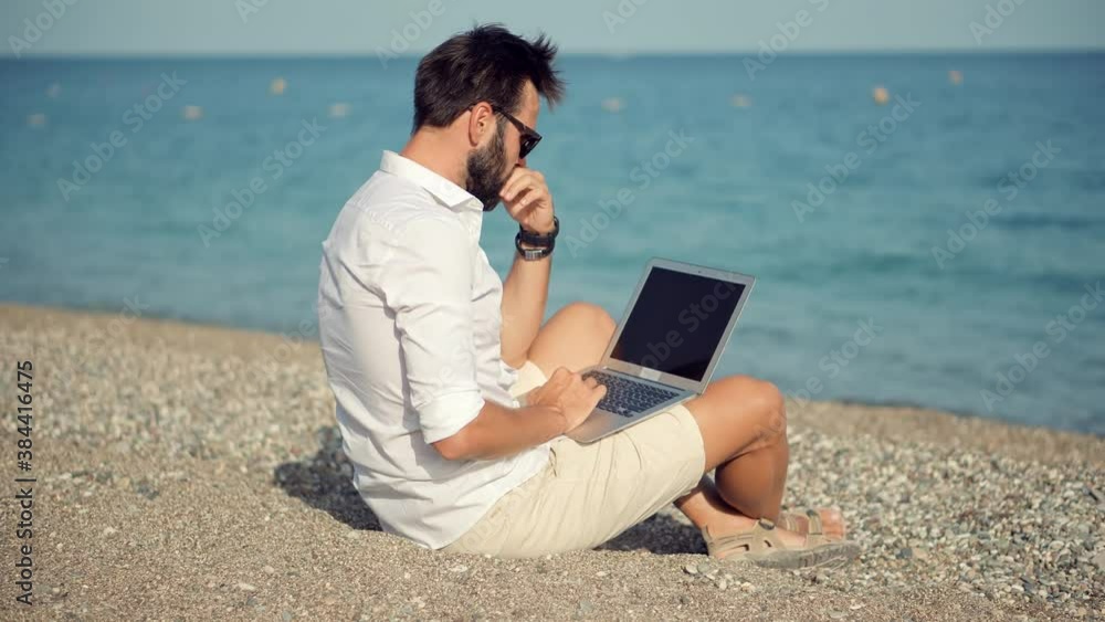 Freelance On Sea.Distance Work And Checking Email.Mobile Worker Software Developer Job.Freelancer Chatting On Laptop. Businessman Internet Online Meeting Webinar.Remote Working In Internet On Vacation Freelance On Sea.Distance Work And Checking Email.Mobile Worker Software Developer Job.Freelancer Chatting On Laptop. Businessman Internet Online Meeting Webinar.Remote Working In Internet On Vacation