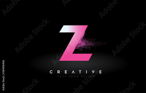 Z Letter Logo with Dispersion Effect and Purple Pink Powder Particles Expanding Ash