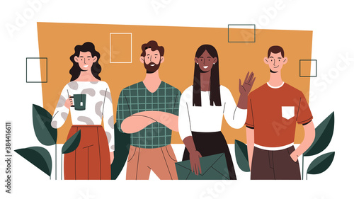 Office life concept, diverse multiracial group of young people, colleagues standing together. Flat vector illustration. photo