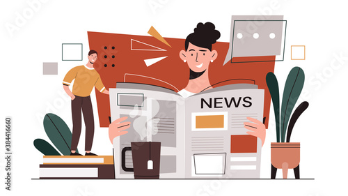 Coffee break concept. Woman sitting at her workplace in office drinking tea and reading latest news from newspaper. Flat cartoon vector illustration