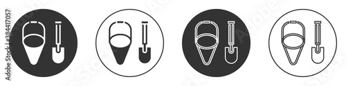 Black Fire shovel and cone bucket icon isolated on white background. Circle button. Vector.