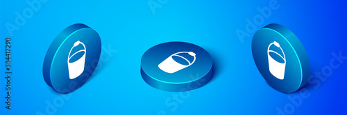 Isometric Fire bucket icon isolated on blue background. Metal bucket empty or with water for fire fighting. Blue circle button. Vector.