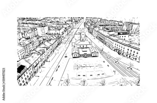 Building view with landmark of Bialystok is the largest city in northeastern Poland. Hand drawn sketch illustration in vector.