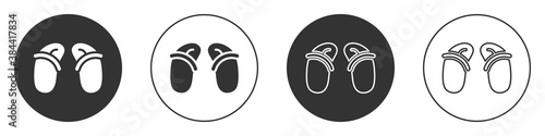 Black Flip flops icon isolated on white background. Beach slippers sign. Circle button. Vector.
