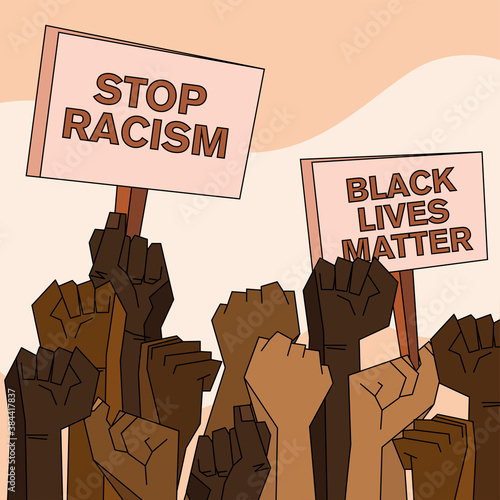 Black lives matter and stop racism banners with fists vector design