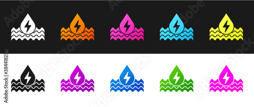 Set Water energy icon isolated on black and white background. Ecology concept with water droplet. Alternative energy concept. Vector.