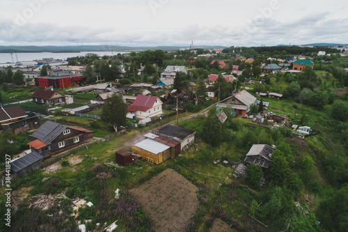 Aerial Townscape of Suburb of the Town Kandalaksha located in Northwestern Russia