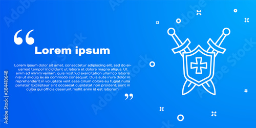 White line Medieval shield with crossed swords icon isolated on blue background. Vector.