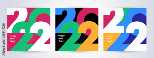 Creative concept of 2022 Happy New Year posters set. Design templates with typography logo 2022 for celebration and season decoration. Minimalistic trendy backgrounds for branding, banner, cover, card