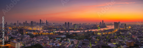 Panorama high angle view of Bangkok city view and curve of Chao Phraya river in morning