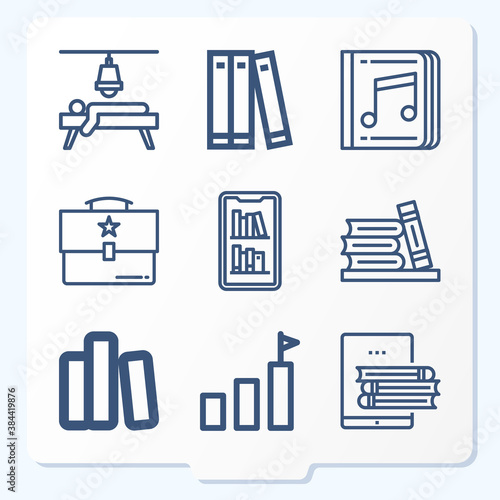 Simple set of 9 icons related to librarian