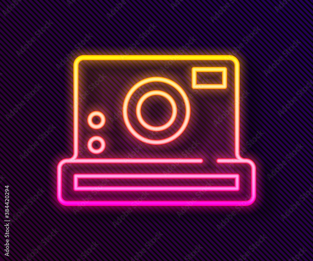 Glowing neon line Photo camera icon isolated on black background. Foto camera icon. Vector. Glowing neon line Photo camera icon isolated on black background. Foto camera icon. Vector.