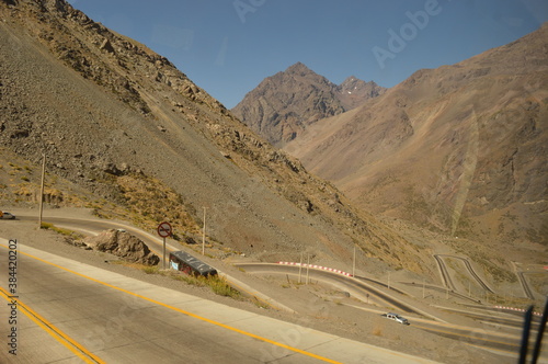 Driving through the windy mountain roads of the high Andes between Chile and Argentina photo