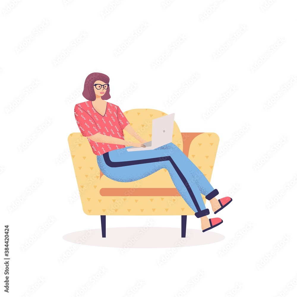 Woman freelancer sitting on comfy chair with laptop computer.