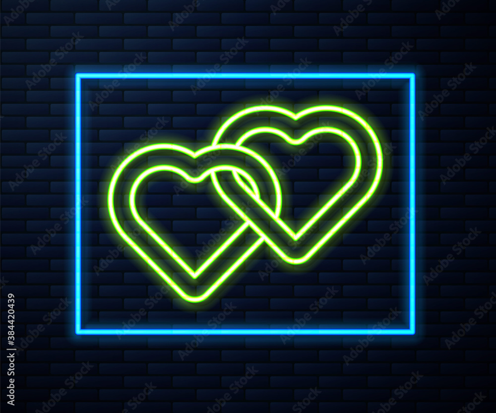 Glowing neon line Two Linked Hearts icon isolated on brick wall background. Romantic symbol linked, join, passion and wedding. Valentine day symbol. Vector. Glowing neon line Two Linked Hearts icon isolated on brick wall background. Romantic symbol linked, join, passion and wedding. Valentine day symbol. Vector.